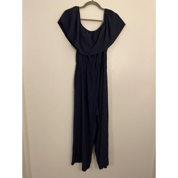 MittoShop Womens Off-Shoulder Jumpsuit L Navy Blue wide Leg Polyester Rayon - Picture 2 of 16